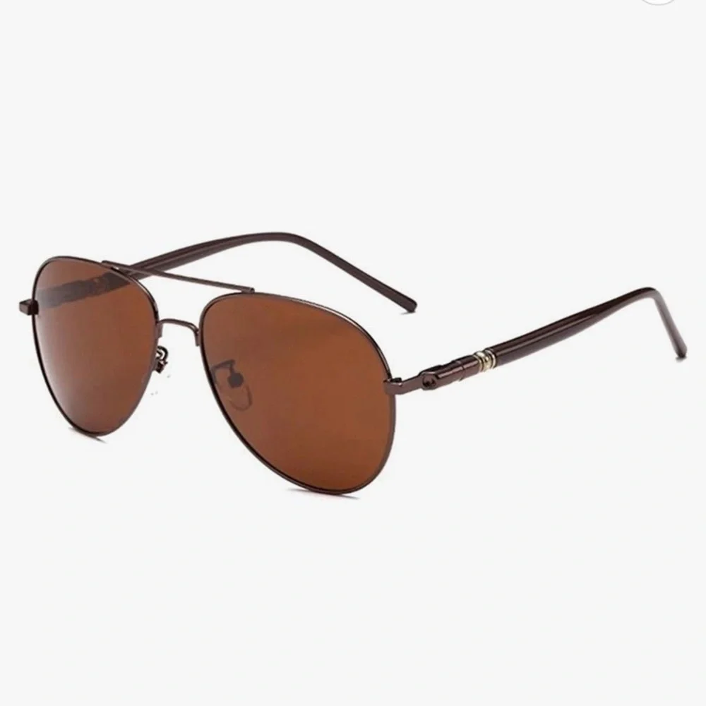 Mens Brown Metal Frame Aviator Sunglasses Polarized Lenses New